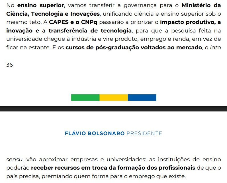 Trecho do programa de Flávio Bolsonaro (PL) para o ensino superior.